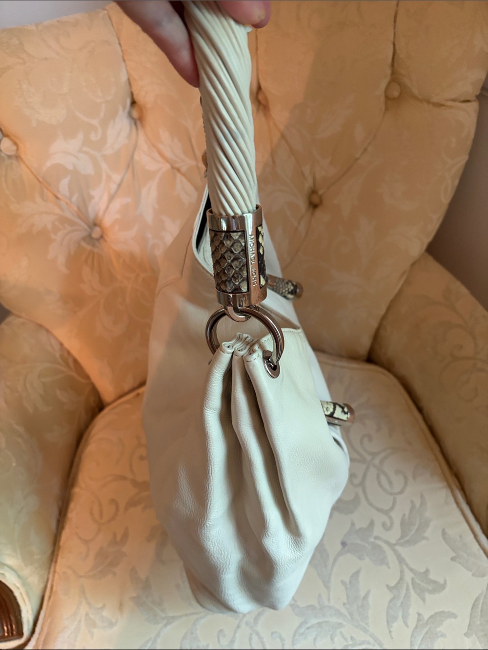 Michael Kors Cream Leather Hobo with Braided Handle and Snake-Print Accents - Picture 2 of 6